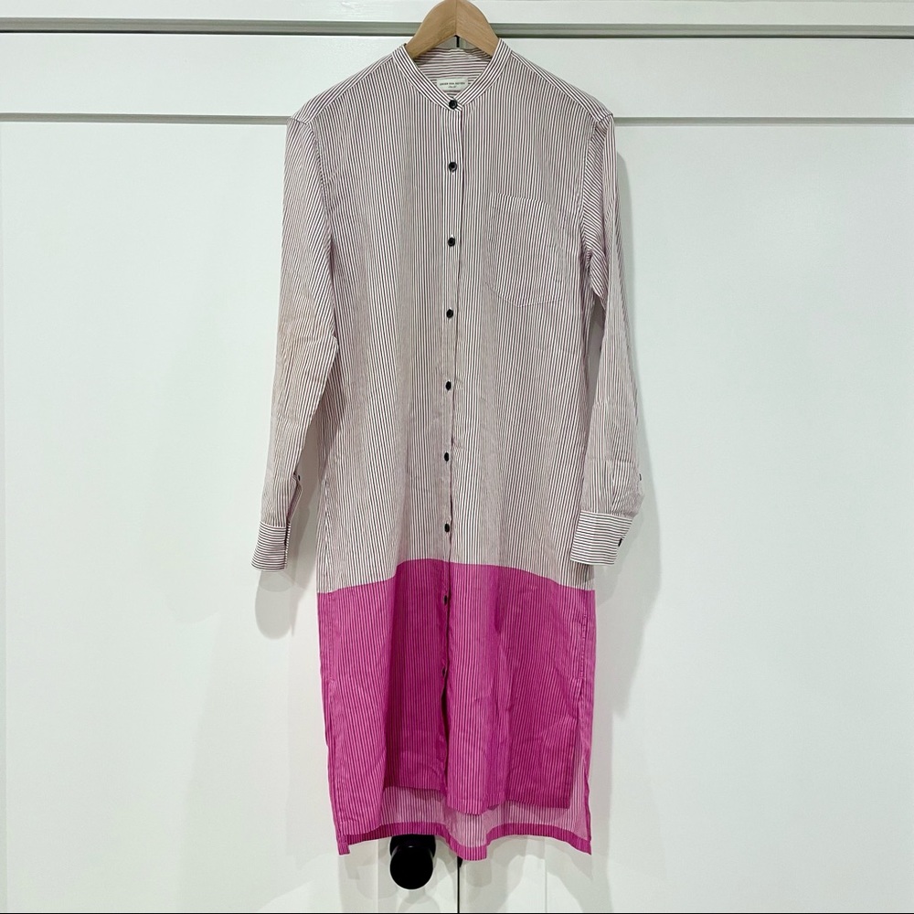 Dries Van Noten Pink and White Striped Long Shirt Dress with Magenta Hem
